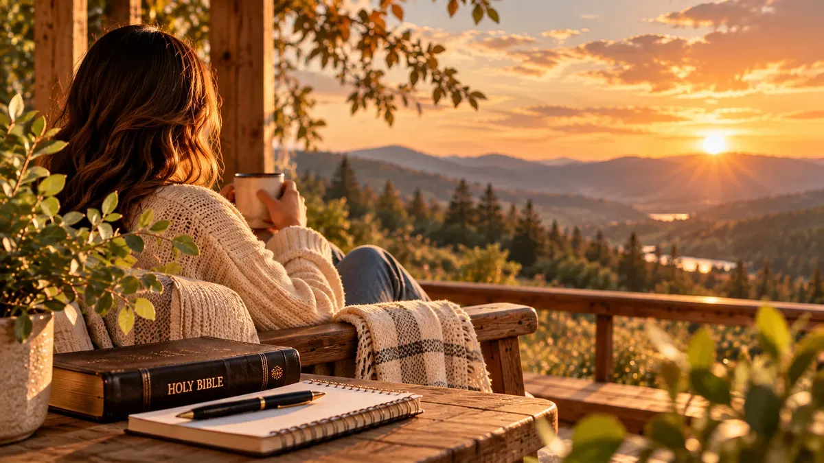 Woman holding a mug during a quiet morning devotion overlooking the mountains